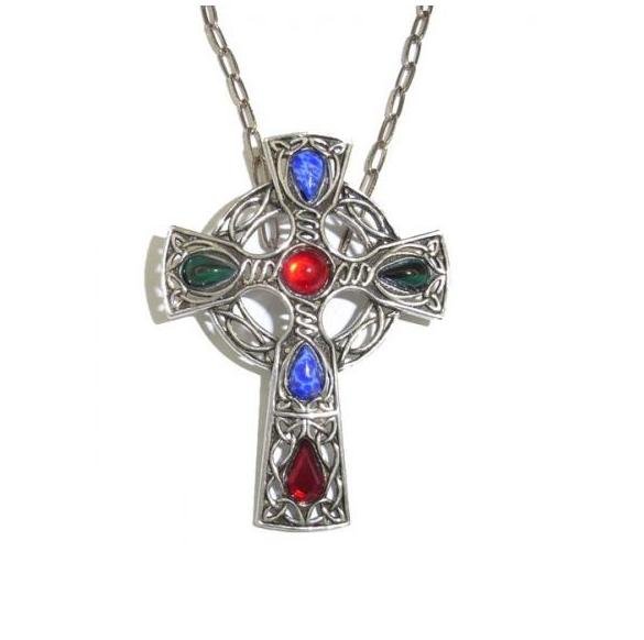 Image 1 of Celtic Cross Multi Rainbow Stones Antique Pewter Pendant