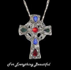 Celtic Cross Multi Rainbow Stones Antique Pewter Pendant