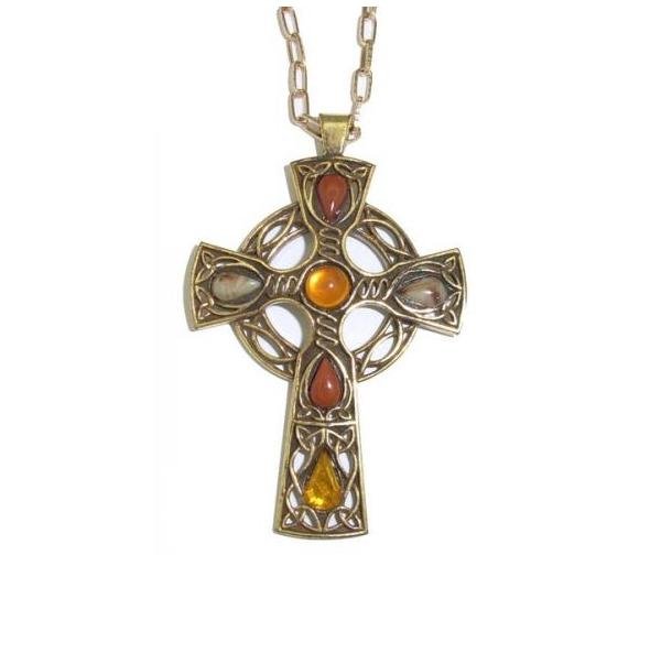 Image 1 of Celtic Cross Cornelian Topaz Stones Antique Gold Plated Pendant