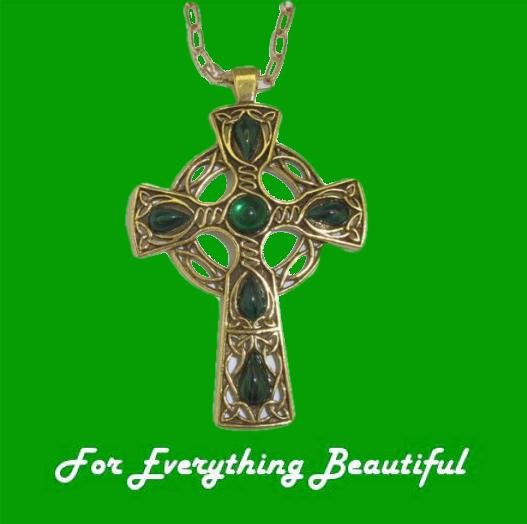 Image 0 of Celtic Cross Malachite Emerald Stones Antique Gold Plated Pendant