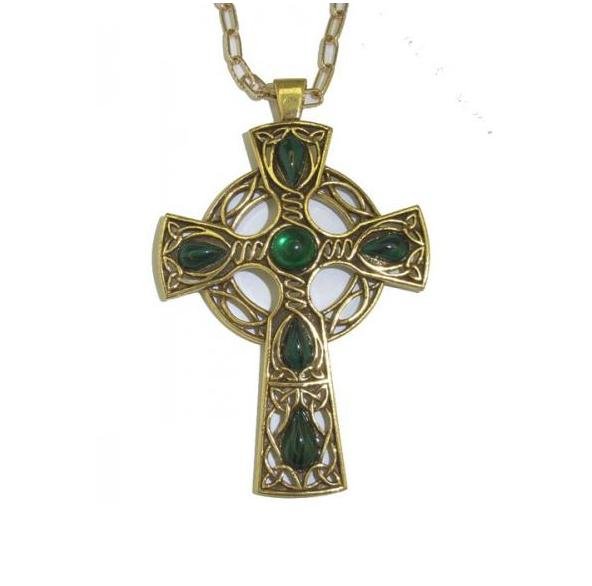 Image 1 of Celtic Cross Malachite Emerald Stones Antique Gold Plated Pendant