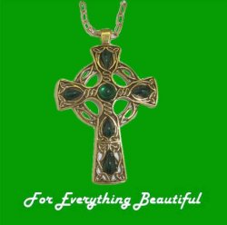Celtic Cross Malachite Emerald Stones Antique Gold Plated Pendant