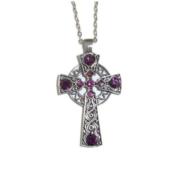 Image 1 of Celtic Cross Amethyst Stones Antiqued Pewter Pendant