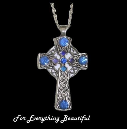 Image 0 of Celtic Cross Blue Topaz Stones Antiqued Pewter Pendant