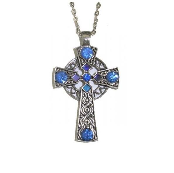 Image 1 of Celtic Cross Blue Topaz Stones Antiqued Pewter Pendant