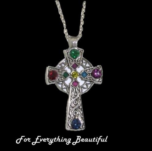 Image 0 of Celtic Cross Multi Rainbow Gemstones Antiqued Pewter Pendant
