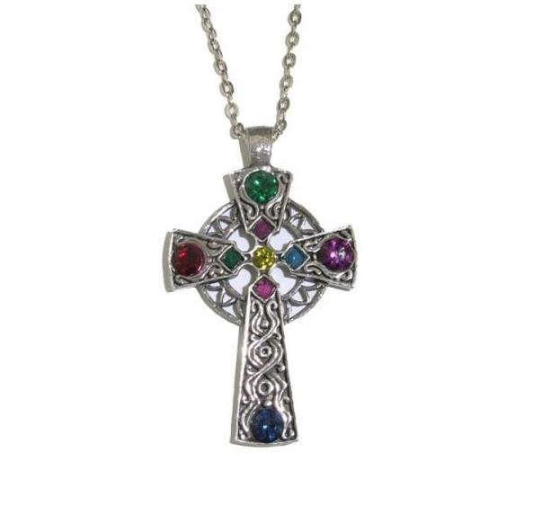 Image 1 of Celtic Cross Multi Rainbow Gemstones Antiqued Pewter Pendant