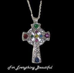 Celtic Cross Multi Rainbow Gemstones Antiqued Pewter Pendant