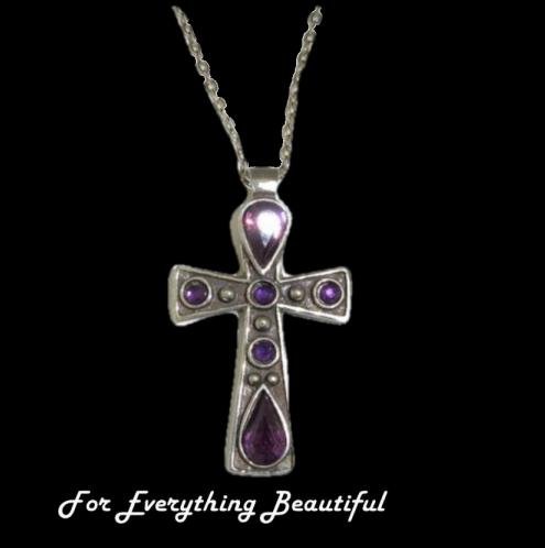 Image 0 of Celtic Cross Amethyst Stones Ornate Antiqued Pewter Pendant