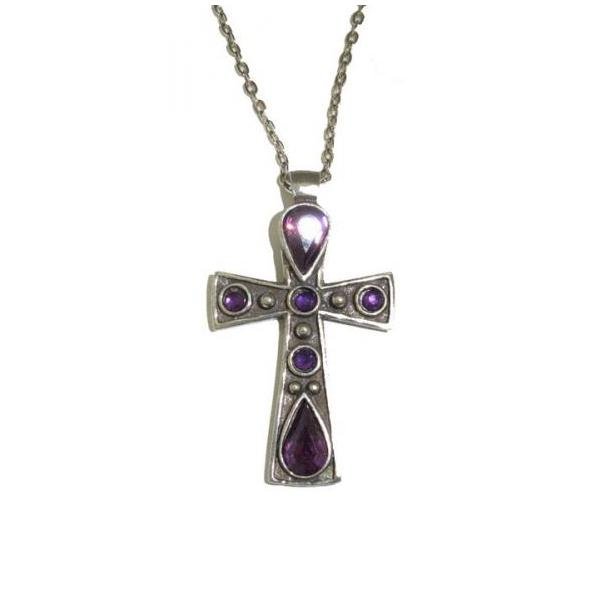 Image 1 of Celtic Cross Amethyst Stones Ornate Antiqued Pewter Pendant