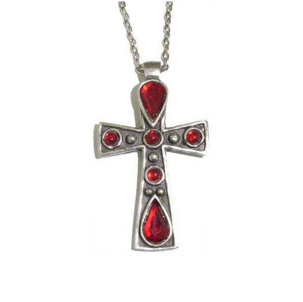 Image 1 of Celtic Cross Ruby Stones Ornate Antiqued Pewter Pendant