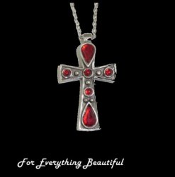 Celtic Cross Ruby Stones Ornate Antiqued Pewter Pendant