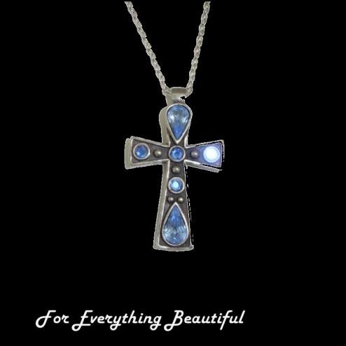 Image 0 of Celtic Cross Blue Topaz Stones Ornate Antiqued Pewter Pendant