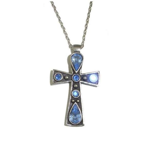 Image 1 of Celtic Cross Blue Topaz Stones Ornate Antiqued Pewter Pendant