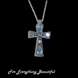 Celtic Cross Blue Topaz Stones Ornate Antiqued Pewter Pendant