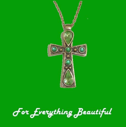 Image 0 of Celtic Cross Green Peridot Stones Ornate Antiqued Gold Plated Pendant