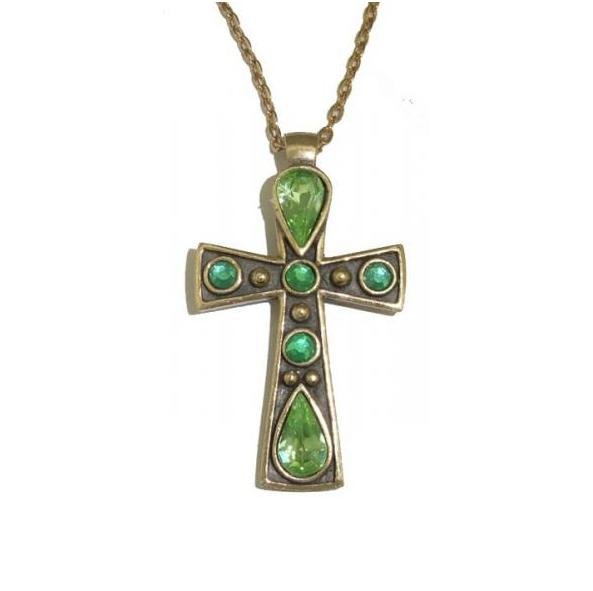 Image 1 of Celtic Cross Green Peridot Stones Ornate Antiqued Gold Plated Pendant