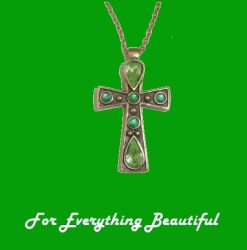 Celtic Cross Green Peridot Stones Ornate Antiqued Gold Plated Pendant