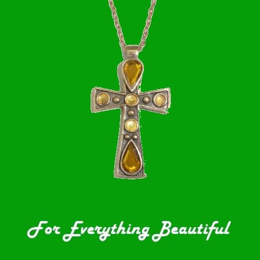 Image 0 of Celtic Cross Yellow Topaz Stones Ornate Antiqued Gold Plated Pendant