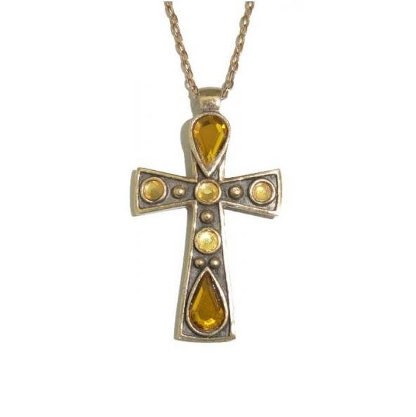 Image 1 of Celtic Cross Yellow Topaz Stones Ornate Antiqued Gold Plated Pendant