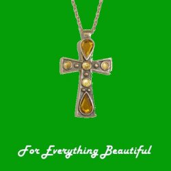 Celtic Cross Yellow Topaz Stones Ornate Antiqued Gold Plated Pendant