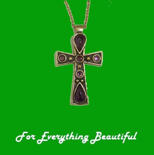 Image 0 of Celtic Cross Amethyst Stones Ornate Antiqued Gold Plated Pendant