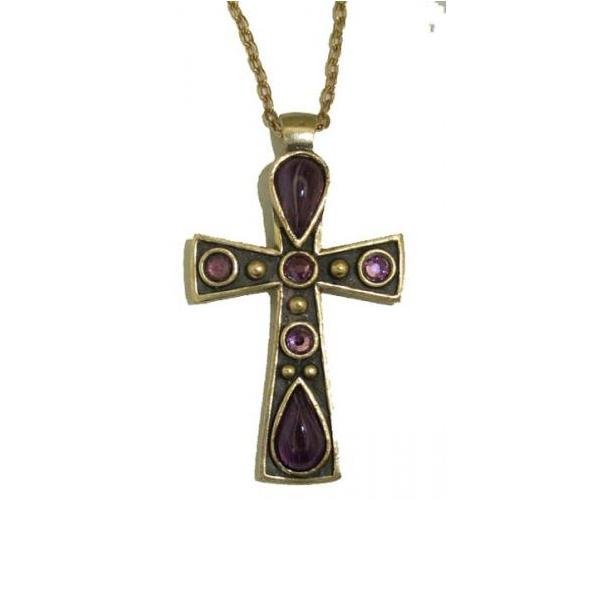 Image 1 of Celtic Cross Amethyst Stones Ornate Antiqued Gold Plated Pendant