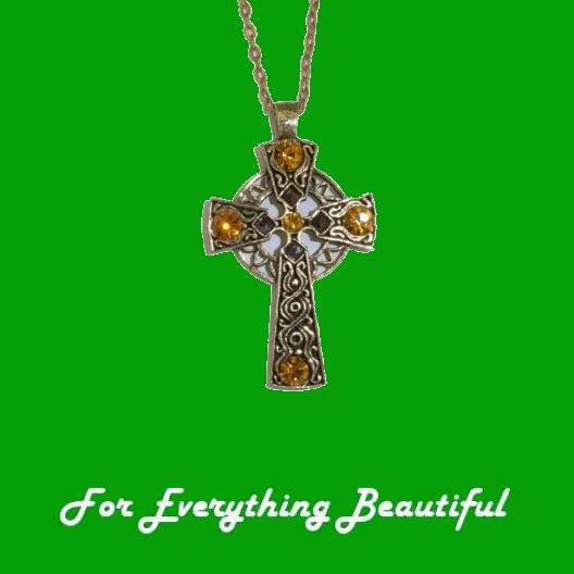 Image 0 of Celtic Cross Yellow Topaz Stones Antiqued Gold Plated Pendant
