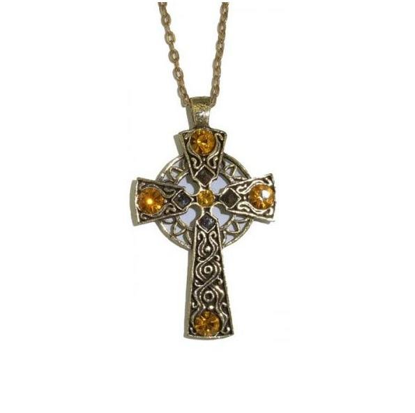 Image 1 of Celtic Cross Yellow Topaz Stones Antiqued Gold Plated Pendant
