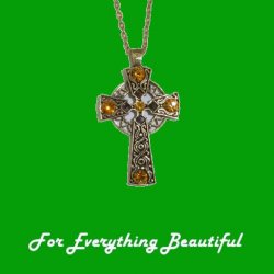 Celtic Cross Yellow Topaz Stones Antiqued Gold Plated Pendant