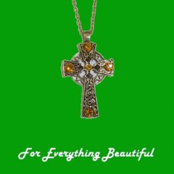 Celtic Cross Yellow Topaz Stones Antiqued Gold Plated Pendant