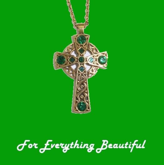 Image 0 of Celtic Cross Emerald Stones Antiqued Gold Plated Pendant