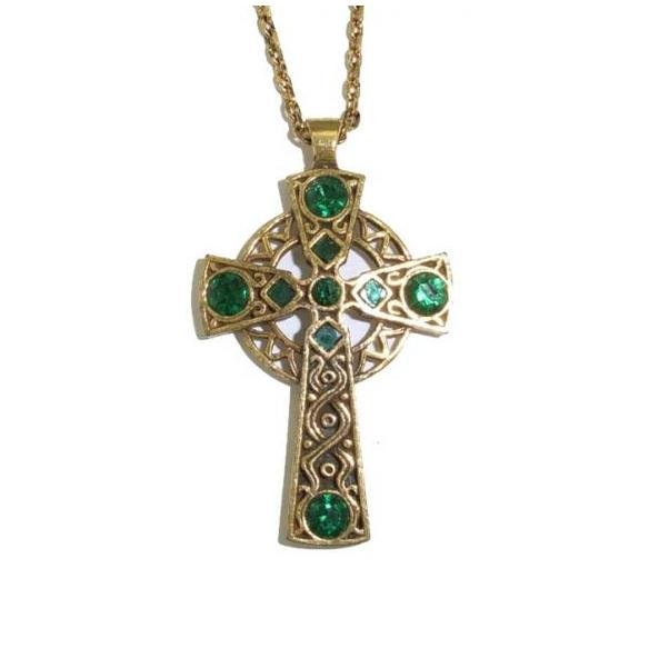 Image 1 of Celtic Cross Emerald Stones Antiqued Gold Plated Pendant