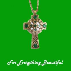 Celtic Cross Emerald Stones Antiqued Gold Plated Pendant
