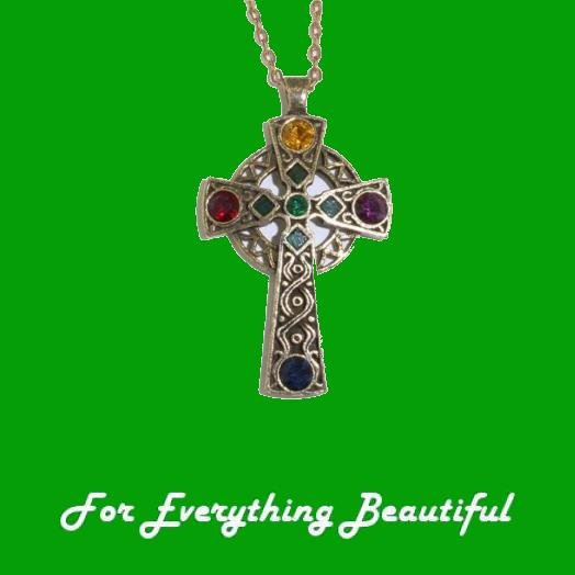 Image 0 of Celtic Cross Multi Rainbow Gemstones Antiqued Gold Plated Pendant