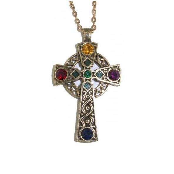 Image 1 of Celtic Cross Multi Rainbow Gemstones Antiqued Gold Plated Pendant