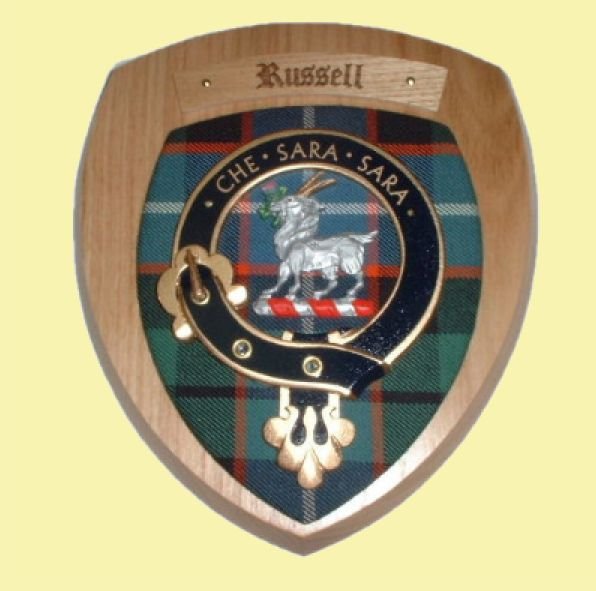 Image 0 of Russell Clan Crest Tartan 7 x 8 Woodcarver Wooden Wall Plaque 