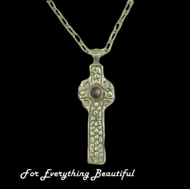 Image 0 of Celtic Cross Amethyst Stone Textured Antiqued Pewter Pendant