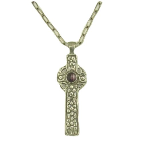 Image 1 of Celtic Cross Amethyst Stone Textured Antiqued Pewter Pendant