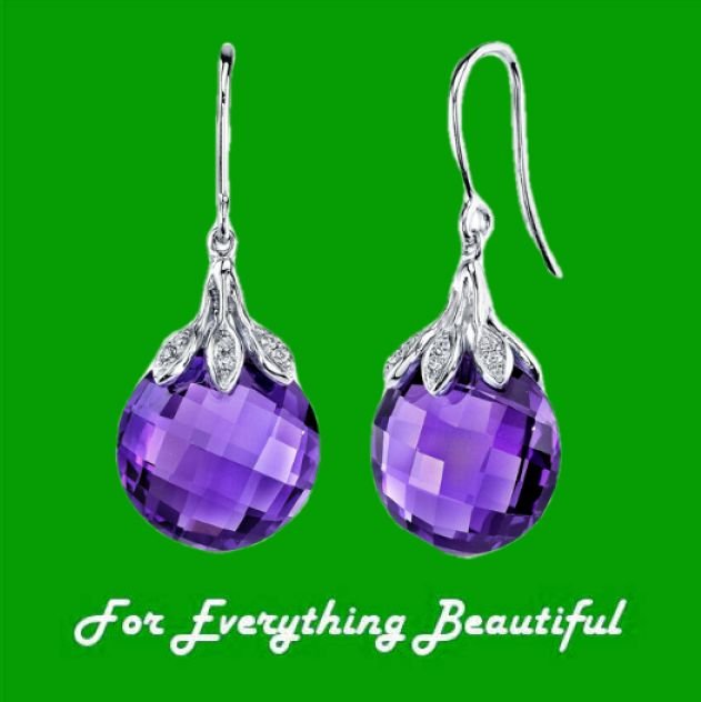 Image 0 of Purple Amethyst Checkerboard Ball Diamond Hook 14K White Gold Earrings