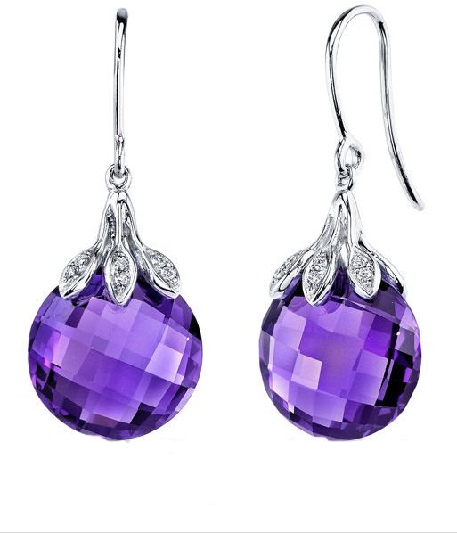 Image 1 of Purple Amethyst Checkerboard Ball Diamond Hook 14K White Gold Earrings