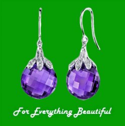 Purple Amethyst Checkerboard Ball Diamond Hook 14K White Gold Earrings