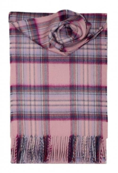 Image 1 of Stewart Pink Tartan Cashmere Fringed Scarf