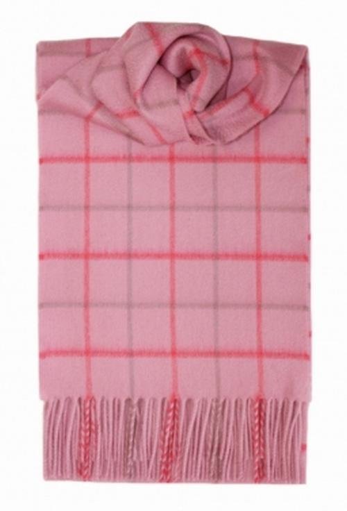 Image 1 of Pale Pink Windowpane Luxury Tartan Cashmere Fringed Scarf
