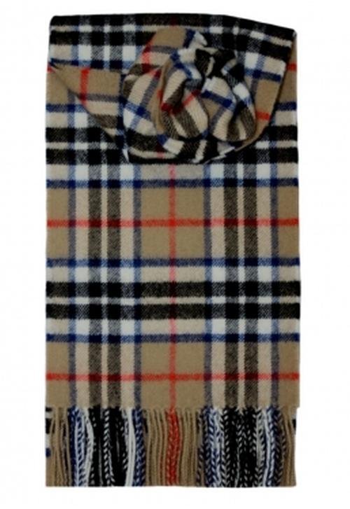 Image 1 of Thomson Camel Clan Tartan Lambswool Fringed Scarf