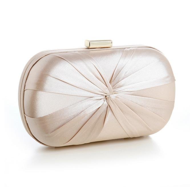 Image 1 of Champagne Pleated Satin Oval Couture Minaudiere Evening Bag Bridal Purse