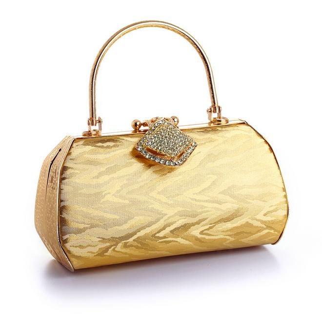 Image 1 of Gold Textured Satin Crystal Bejeweled Minaudiere Evening Bag Bridal Purse