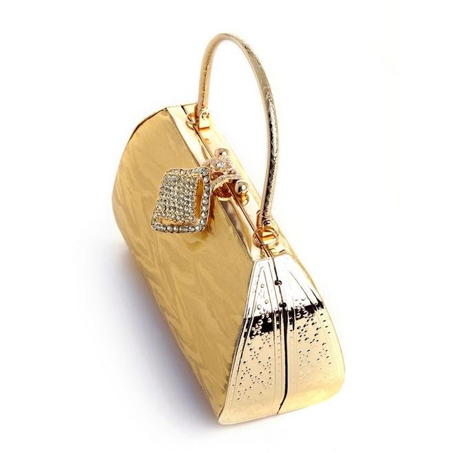 Image 3 of Gold Textured Satin Crystal Bejeweled Minaudiere Evening Bag Bridal Purse