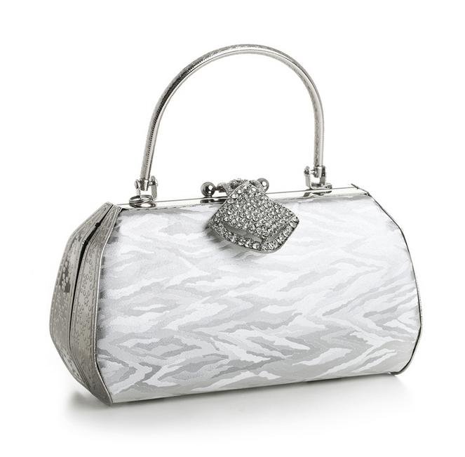 Image 1 of Silver Textured Satin Crystal Bejeweled Minaudiere Evening Bag Bridal Purse