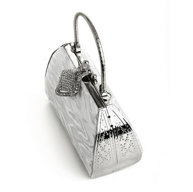 Image 3 of Silver Textured Satin Crystal Bejeweled Minaudiere Evening Bag Bridal Purse